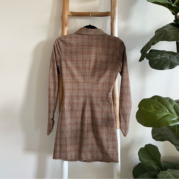 Zara Plaid Brown Terracotta Ruched Mini Button Down Collard Dress NWT - Picture 6 of 6